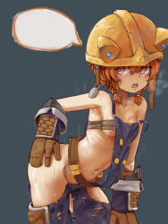 Rule 34 | 1girl, absurdres, bad id, bad pixiv id, bags under eyes, braid, breasts, construction worker, dutch girl (last origin), gloves, greentree, hand on own hip, hand on own leg, hand on own thigh, hand on thigh, hard hat, helmet, highres, last origin, leaning forward, looking at viewer, navel, orange hair, overalls, red eyes, short twintails, small breasts, solo, sweat, tool belt, tools, twin braids, twintails