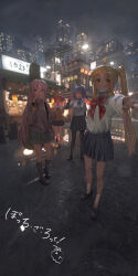 Rule 34 | 3d background, 4girls, absurdly detailed background, absurdres, awning, beer crate, billboard, black footwear, black pantyhose, black ribbon, black skirt, black socks, blonde hair, blue eyes, blue hair, bocchi the rock!, bottle, bow, bowtie, building, city lights, commentary, condenser unit, copyright name, cube hair ornament, food stand, gotoh hitori, gotoh hitori (octopus), grin, guitar case, hair ornament, highres, ijichi nijika, inkrua, instrument case, jacket, kita ikuyo, kneehighs, lamppost, lantern, loafers, long hair, long sleeves, looking at viewer, lots of light reflection, miniskirt, multicolored paper lantern, multiple girls, neck ribbon, nervous, open mouth, pantyhose, paper lantern, pink hair, pink jacket, polka dot bowtie, ponytail, power lines, red bow, red bowtie, red eyes, red hair, red paper lantern, reflection, reflective floor, ribbon, road, roof shingles, sailor collar, scenery, school uniform, shirt, shoes, short hair, short sleeves, shuka high school uniform, sign on roof, skirt, skyline, skyscraper, smile, socks, store sign, street, utility pole, v, very long hair, waving hands, white paper lantern, white sailor collar, white shirt, white socks, yamada ryo, yellow eyes, yellow paper lantern