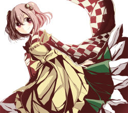 Rule 34 | 1girl, apron, bad id, bad pixiv id, bell, book, character name, checkered clothes, checkered kimono, clothes writing, female focus, hair bell, hair ornament, japanese clothes, kaede (mmkeyy), kimono, motoori kosuzu, orange hair, purple eyes, smile, touhou, twintails, two side up, white background, wide sleeves