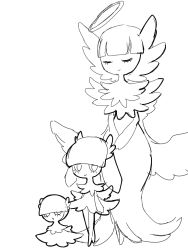 Rule 34 | 3girls, blunt bangs, child, closed eyes, creatures (company), fakemon, full body, game freak, greyscale, hair over eyes, halo, legs together, looking to the side, monochrome, muguet, multiple girls, nintendo, open mouth, original, own hands together, pokemon, short hair, sketch, standing, v arms, wings