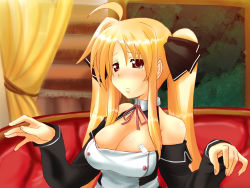 Rule 34 | 1girl, bare shoulders, blonde hair, blush, breasts, cleavage, cosplay, detached sleeves, dream c club, dream c club (series), fate testarossa, female focus, iga tamaki, indoors, large breasts, long hair, lyrical nanoha, mahou shoujo lyrical nanoha, mahou shoujo lyrical nanoha strikers, mian (dream c club), mian (dream c club) (cosplay), parody, red eyes, solo, tears, twintails, waitress