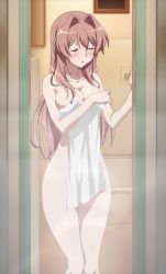 Rule 34 | 10s, 1girl, bathroom, breasts, cleavage, highres, koumi haruka, large breasts, long hair, nude, rail wars!, screencap, shower, solo, stitched, tagme, third-party edit, towel