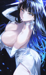 Rule 34 | 1girl, alternate breast size, ass, blue archive, blue halo, breasts, choker, cleavage, dress, egoswans, elbow gloves, gloves, halo, highres, large breasts, official alternate costume, saori (blue archive), saori (dress) (blue archive), solo, strapless, strapless dress, white choker, white dress, white gloves