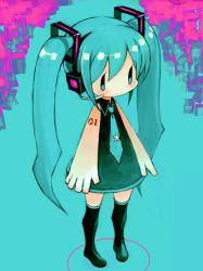 1girl aqua_eyes aqua_hair blush boots chibi female_focus hatsune_miku headphones headset hiro1984 long_hair necktie solo tattoo thigh_boots thighhighs twintails vocaloid |_|