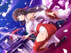 Rule 34 | 1girl, architecture, brown eyes, brown hair, crossover, east asian architecture, facing away, falling petals, headband, holding, holding sword, holding weapon, japanese clothes, katana, long hair, long skirt, looking at viewer, looking back, miko, night, official art, outdoors, petals, queen&#039;s blade, red headband, red skirt, sandals, senran kagura, senran kagura new link, shirt, skirt, socks, solo, squatting, sword, tomoe (queen&#039;s blade), torn clothes, torn shirt, torn skirt, weapon, white shirt, white socks, zouri