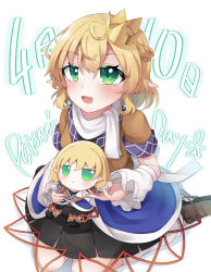 Rule 34 | 1girl, :d, arm warmers, black skirt, blonde hair, blush, braid, breasts, brown footwear, brown shirt, character doll, commentary request, crown, dated, doll, french braid, full body, fumo (doll), green eyes, hair between eyes, highres, holding, holding doll, looking at viewer, medium bangs, mizuhashi parsee, open mouth, parsee day, pointy ears, scarf, shirt, shoes, short hair, short sleeves, sitting, skirt, small breasts, smile, solo, takeno, touhou, wariza, white background, white scarf