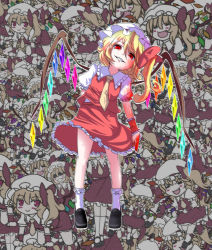 Rule 34 | 1girl, arm behind back, ascot, blonde hair, blood, blood on face, blood on clothes, blood on hands, bow, fingernails, flandre scarlet, hat, hat bow, highres, looking at viewer, mob cap, puffy sleeves, ramutaizumu, red eyes, shirt, short sleeves, side ponytail, skirt, skirt set, smirk, solo, touhou, vest, wings, wrist cuffs