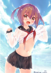Rule 34 | 10s, 1girl, :d, blush, brown eyes, brown hair, clothes lift, convenient censoring, fang, hair ornament, hairclip, highres, ikazuchi (kancolle), kantai collection, looking at viewer, navel, neckerchief, no bra, obiwan, open mouth, red neckerchief, school uniform, see-through, serafuku, shirt lift, short hair, smile, solo, water, wet, wet clothes