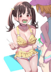 Rule 34 | 2girls, absurdres, bikini, bikini skirt, blonde hair, breasts, brown eyes, brown hair, cleavage, colored tongue, crop top, food, hair ribbon, haruyuki (gffewuoutgblubh), highres, holding, holding food, holding spoon, idolmaster, idolmaster shiny colors, large breasts, long hair, looking at another, multiple girls, navel, open mouth, ribbon, saijo juri, shaved ice, short hair, short ponytail, short shorts, shorts, sitting, small breasts, smile, sonoda chiyoko, spoon, swimsuit, tongue, tongue out, twintails, wristband, yellow bikini