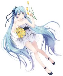 Rule 34 | 1girl, agonasubi, aqua eyes, aqua hair, bad id, bad pixiv id, blush, bouquet, dress, flower, full body, hatsune miku, highres, jewelry, long hair, necklace, simple background, solo, strapless, strapless dress, tulip, twintails, very long hair, vocaloid, white background