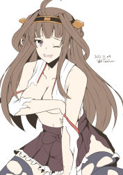 Rule 34 | 1girl, ahoge, artist name, bare shoulders, breasts, brown hair, covering privates, covering breasts, damaged, dated, double bun, hair bun, headgear, highres, kantai collection, kneeling, kongou (kancolle), large breasts, long hair, looking at viewer, nontraditional miko, one eye closed, open mouth, purple eyes, simple background, smile, solo, taira yuuki, torn clothes, very long hair, white background