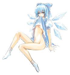 Rule 34 | 1girl, blue eyes, blue hair, blush, bow, cirno, clothes in mouth, clothes lift, dress, dress in mouth, dress lift, female focus, full body, hair bow, highres, matching hair/eyes, mouth hold, navel, no panties, short hair, simple background, sitting, sketch, socks, solo, touhou, uonuma yuu, white background, white socks, wings