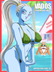 Rule 34 | 1boy, 1girl, angel (dragon ball), artist name, bald, bangs pinned back, beach, beard, bikini, blue skin, blurry, border, breasts, character name, cleavage, cloud, coconut tree, colored skin, cowboy shot, curvy, day, depth of field, double v, dragon ball, dragon ball super, facial hair, front-tie bikini top, front-tie top, green-framed eyewear, green bikini, high ponytail, highleg, highleg bikini, highres, house, interlocked fingers, island, kame house, large breasts, legs together, looking at viewer, micro bikini, missing tooth, mustache, muten roushi, ocean, old, old man, outside border, palm tree, porch, purple eyes, purple lips, red border, sano br, sky, smile, solo focus, standing, sunglasses, swimsuit, tree, underboob, v, vados (dragon ball), wading, water, weather vane, white hair, window