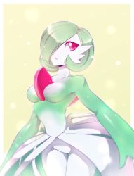 Rule 34 | 1girl, absurdres, blurry, border, breasts, collarbone, creatures (company), female focus, game freak, gardevoir, gen 3 pokemon, green hair, hair over one eye, highres, looking to the side, medium breasts, nintendo, no nipples, no pussy, pokemon, pokemon (creature), pokemon rse, red eyes, short hair, simple background, solo, standing, suelix, teeth, white border, yellow background