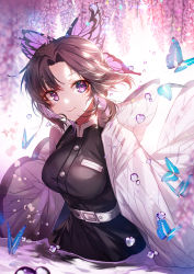 Rule 34 | 1girl, apple caramel, belt, blurry, breasts, brown hair, bug, butterfly, butterfly hair ornament, commentary request, depth of field, hair ornament, highres, insect, japanese clothes, kimetsu no yaiba, kochou shinobu, long sleeves, looking at viewer, medium breasts, multicolored hair, parted bangs, purple eyes, purple hair, short hair, smile, solo, wading, water drop, white belt