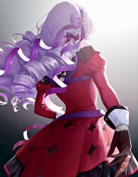 Rule 34 | 1girl, absurdres, back, bare shoulders, black gloves, claw ring, commentary request, dress, drill hair, gloves, hairband, hama m, hand on own hip, highres, hyakumantenbara salome, hyakumantenbara salome (1st costume), long hair, nijisanji, puffy sleeves, purple hair, red dress, solo, virtual youtuber