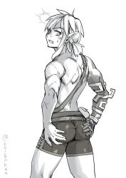 Rule 34 | 1boy, ass, clenched teeth, commentary request, cross scar, earrings, from behind, greyscale, hands on own ass, jewelry, link, looking back, male focus, monbetsu kuniharu, monochrome, nintendo, pouch, scar, scar on arm, short ponytail, shorts, solo, surprised, sweatdrop, teeth, the legend of zelda, the legend of zelda: tears of the kingdom, tight clothes, topless male, twitter username