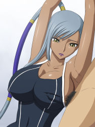 Rule 34 | 1girl, armpits, arms up, bare arms, bare shoulders, breasts, censored, cleavage, code geass, collarbone, dark skin, dark-skinned male, covered erect nipples, falchion, highres, huge breasts, mosaic censoring, penis, side ponytail, silver hair, simple background, solo focus, standing, swimsuit, upper body, villetta nu, yellow eyes