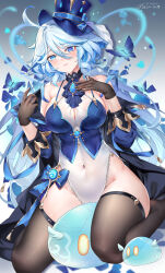 Rule 34 | 1girl, absurdres, ahoge, alternate breast size, alternate costume, bare shoulders, black jacket, blue eyes, blue hair, blue hat, blue shirt, breasts, brown gloves, brown thighhighs, bug, butterfly, cleavage, cleavage cutout, closed mouth, clothing cutout, colored inner hair, covered navel, crop top, frown, furina (genshin impact), genshin impact, gloves, hair between eyes, hat, heterochromia, highleg, highleg leotard, highres, insect, jacket, lace trim, large breasts, leotard, long hair, long sleeves, looking at viewer, low ponytail, melailai, multicolored hair, off shoulder, open clothes, open jacket, shirt, sleeveless, sleeveless shirt, slime (genshin impact), solo, spaghetti strap, thighhighs, thighs, top hat, very long hair, white hair, white leotard