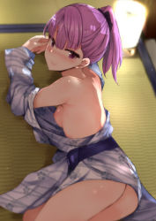 Rule 34 | 1girl, ass, back, bare shoulders, blush, breasts, fate/grand order, fate (series), female focus, from behind, helena blavatsky (fate), looking back, lying, muoto, nipples, on side, ponytail, purple eyes, purple hair, small breasts, smile, solo