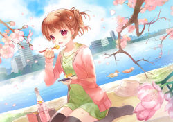 Rule 34 | 1girl, :d, bento, bird, blush, brown hair, cherry blossoms, chopsticks, day, dress, duck, earrings, eating, flower, food, hanami, jewelry, omelet, open mouth, original, petals, ponytail, purple eyes, river, short hair, sitting, sky, smile, solo, sweater, takeda mika, tamagoyaki, thighhighs, water