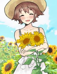 Rule 34 | 1girl, absurdres, alternate costume, blue sky, brown hair, closed eyes, cloud, commentary request, cowboy shot, day, dokuganryuu, dress, facing viewer, field, flipped hair, flower, flower field, hiei (kancolle), highres, kantai collection, outdoors, short hair, sky, sleeveless, sleeveless dress, smile, solo, sundress, sunflower, sunflower field, white dress