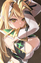 Rule 34 | bare shoulders, blonde hair, breasts, chest jewel, cleavage, cleavage cutout, clothing cutout, dress, earrings, elbow gloves, gem, gloves, hair ornament, headpiece, highres, jewelry, large breasts, long hair, mythra (xenoblade), nintendo, short dress, solo, swept bangs, tiara, tomas (kaosu22), very long hair, white dress, white gloves, xenoblade chronicles (series), xenoblade chronicles 2, yellow eyes
