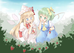 Rule 34 | 2girls, arnest, blonde hair, blue eyes, blush, bow, daiyousei, fairy wings, food, fruit, full-face blush, green eyes, green hair, hair bow, hat, lily white, long hair, looking at another, multiple girls, open mouth, short hair, strawberry, touhou, wings