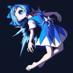 Rule 34 | 1girl, barefoot, blue bow, blue dress, blue hair, bow, cirno, commentary, dark background, dress, feet, hair bow, hair over eyes, highres, ice, ice wings, mefomefo, neck ribbon, open mouth, red ribbon, ribbon, short hair, simple background, teeth, toes, touhou, upper teeth only, white bow, wings