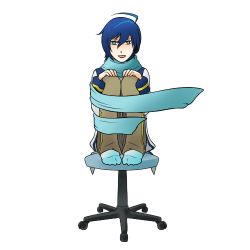 Rule 34 | 1boy, ahoge, animated, animated gif, blue eyes, blue hair, chair, headset, hugging own legs, kaito (vocaloid), knees to chest, lowres, male focus, matching hair/eyes, rkp, scarf, short hair, simple background, sitting, smile, solo, spinning, vocaloid