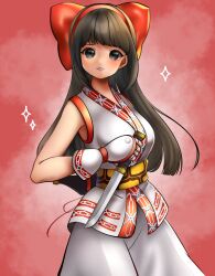 Rule 34 | 1girl, ainu clothes, black hair, breasts, fingerless gloves, gloves, grey eyes, hair ribbon, highres, large breasts, long hair, looking at viewer, nakoruru, pants, parted lips, ribbon, samurai spirits, smile, snk, solo, the king of fighters, the king of fighters xiv, weapon