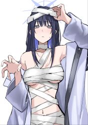 1girl bandaged_head bandages bare_shoulders black_hair blue_archive breasts coat collarbone egomeshi female_focus halloween halloween_costume halo highres long_hair looking_at_viewer medium_breasts mummy_costume saori_(blue_archive) simple_background white_background white_coat