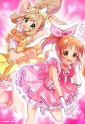 Rule 34 | 2girls, abe nana, ahoge, armpits, arms up, artist name, bare shoulders, blonde hair, blush, boots, bow, bowtie, breasts, brooch, brown eyes, brown hair, choker, collarbone, crop top, cropped shirt, dot nose, dress, earrings, elbow gloves, flying sweatdrops, gloves, green eyes, hair bow, hair ornament, hair ribbon, hand up, heart, heart background, heart brooch, heart earrings, heart hair ornament, highres, idolmaster, idolmaster cinderella girls, idolmaster cinderella girls starlight stage, jewelry, jumping, large breasts, layered skirt, leg up, long hair, looking at viewer, magical girl, medium breasts, midriff, multiple girls, mumei ponchi, navel, open hand, open mouth, orange bow, orange bowtie, orange footwear, pink background, pink bow, pink bowtie, pink choker, pink dress, pink ribbon, pleated skirt, ponytail, ribbon, sato shin, shirt, short hair, signature, skirt, sleeveless, sleeveless dress, sleeveless shirt, smile, sparkle, standing, standing on one leg, sweatdrop, teeth, twintails, twitter username, upper teeth only, wavy mouth, white footwear, white gloves, yellow ribbon, yellow shirt, yellow skirt