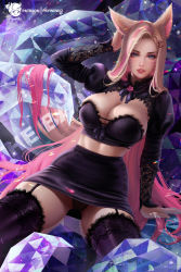 Rule 34 | 1girl, ahri (league of legends), animal ears, arm support, arm up, black pantyhose, black shirt, black skirt, black thighhighs, blonde hair, blue eyes, breasts, cleavage, commentary, crop top, facial mark, fox ears, gradient hair, hair ornament, hairclip, highres, k/da (league of legends), k/da all out ahri, large breasts, league of legends, long hair, looking at viewer, miniskirt, mole, mole on thigh, multicolored hair, panties, pantyhose, pantyshot, pencil skirt, petals, pink hair, prywinko, shirt, shrug (clothing), sitting, skirt, solo, spread legs, thighhighs, underwear, very long hair, whisker markings