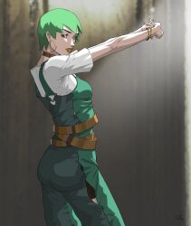 Rule 34 | 1girl, alternate costume, breasts, brown eyes, commentary, earrings, foo fighters (jojo), from side, green hair, green overalls, highres, hoop earrings, interlocked fingers, jewelry, jojo no kimyou na bouken, looking at viewer, profile, shirt, short hair, small breasts, solo, stone ocean, teecee zhang, white shirt, yellow lips