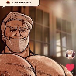 Rule 34 | 1boy, arkhan.dvan, bara, beard, blush, chest hair, cover them up slut (meme), creatures (company), drayden (pokemon), facial hair, game freak, highres, indoors, looking at viewer, male focus, mature male, meme, muscular, muscular male, nintendo, old, old man, pectorals, pokemon, pokemon bw2, scar, scar on chest, short hair, solo, sweatdrop, thick eyebrows, upper body, white hair