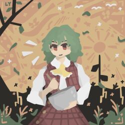 Rule 34 | 1girl, ascot, flower, green hair, highres, holding, holding spoon, kazami yuuka, leaf, llamas yes, looking at viewer, mixing bowl, no lineart, open clothes, open vest, plaid, plaid skirt, plaid vest, red eyes, red vest, skirt, spoon, sunflower, touhou, vest, yellow ascot