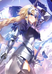 Rule 34 | 1girl, arm up, armor, armored dress, black gloves, black thighhighs, blonde hair, blue dress, blue eyes, blue ribbon, blush, braid, breasts, cloud, collar, cowboy shot, dress, elbow gloves, fate/apocrypha, fate/grand order, fate (series), flagpole, gauntlets, gloves, hair ribbon, headpiece, heirou, jeanne d&#039;arc (fate), jeanne d&#039;arc (ruler) (fate), large breasts, long hair, looking at viewer, low-tied long hair, ribbon, sheath, sheathed, short sleeves, sidelocks, single braid, solo, standing, sword, thighhighs, thighs, underbust, very long hair, weapon, zettai ryouiki