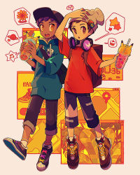 Rule 34 | 2boys, adapted costume, arm up, backpack, bad id, bad pixiv id, bag, beanie, bo9 (bo9 nc), bright pupils, brown eyes, brown hair, cable knit, capri pants, commentary, creatures (company), cup, dark-skinned male, dark skin, drinking straw, game freak, grey headwear, hat, headphones, headphones around neck, highres, holding, holding cup, hop (pokemon), male focus, multiple boys, nintendo, open mouth, pants, pokemon, pokemon swsh, purple hair, red shirt, shirt, shoes, short hair, sneakers, socks, spoken symbol, symbol-only commentary, t-shirt, teeth, tongue, upper teeth only, victor (pokemon), white pupils