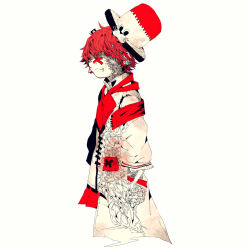 Rule 34 | 1boy, 3kuma, armband, ascot, bandaged arm, bandages, closed eyes, coat, colored skin, cross scar, flag, from side, fukase, hat, headphones, male focus, official art, pleated skirt, red ascot, red eyes, red hair, red skirt, scar, scar on arm, scar on face, scar on mouth, skirt, upper body, vocaloid, white background, white coat, white skin