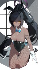 Rule 34 | 1girl, absurdres, animal ears, arm tattoo, bare shoulders, black hair, blue archive, blue bow, blue bowtie, bongnom, bow, bowtie, breasts, cleavage, dark-skinned female, dark skin, detached collar, fake animal ears, fake tail, fishnet pantyhose, fishnets, gloves, halo, highres, karin (blue archive), karin (bunny) (blue archive), large breasts, leotard, long hair, looking at viewer, official alternate costume, pantyhose, playboy bunny, ponytail, purple halo, rabbit ears, rabbit tail, solo, tail, tattoo, very long hair, white gloves, yellow eyes