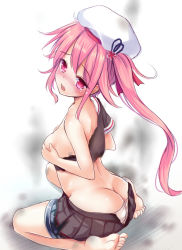 Rule 34 | 10s, 1girl, ass, bare shoulders, barefoot, beret, black skirt, blush, breasts, butt crack, covering breasts, covering privates, feet, flower, gradient background, hair flower, hair ornament, harusame (kancolle), hat, kantai collection, kneeling, long hair, looking at viewer, looking back, milkshakework, nose blush, panties, panty pull, pink eyes, pink hair, pink panties, pleated skirt, school uniform, serafuku, shirt, side ponytail, sitting, skirt, solo, tears, torn clothes, torn shirt, torn skirt, underwear, wariza, white background