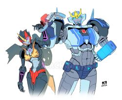 Rule 34 | 2022, 2girls, abs, annoyed, artist name, autobot, blue eyes, blue lips, breasts, clenched hand, cuffs, decepticon, flamewar, glowing, glowing eyes, handcuffs, holding, holding handcuffs, looking at viewer, mecha, medium breasts, multiple girls, navel, pandacron, purple eyes, robot, smirk, strongarm (transformers), transformers, transformers: robots in disguise (2015), transformers prime, v-fin, watermark, white background