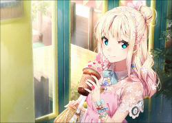 Rule 34 | 1girl, aqua eyes, bag, bead bracelet, beads, blonde hair, blush, bow, bracelet, closed mouth, coffee, door, dress, drinking straw, earrings, from side, gradient hair, hair bow, hairband, hakusai (tiahszld), handbag, holding, jewelry, lace, long hair, looking at viewer, multicolored hair, nail polish, original, pink bow, pink dress, pink hair, pink nails, ring, smile, solo, standing, table, upper body, whipped cream, wristband