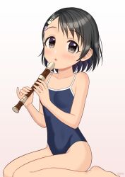 Rule 34 | 1girl, :o, bare legs, barefoot, black eyes, black hair, blue one-piece swimsuit, check commentary, collarbone, commentary request, dot nose, flat chest, flute, hair ornament, hairclip, highleg, highleg swimsuit, highres, holding, holding flute, holding instrument, holding flute, idolmaster, idolmaster cinderella girls, instrument, legs, light blush, looking at viewer, one-piece swimsuit, pink background, rabbit hair ornament, recorder, sasaki chie, school swimsuit, short hair, sitting, solo, swimsuit, thighs, wariza, wgm oekaki