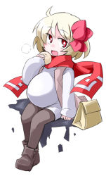 Rule 34 | 1girl, ahoge, bag, bright pupils, fang, female focus, food, kugelschreiber, pantyhose, pregnant, rumia, scarf, sitting, solo, touhou
