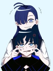 Rule 34 | +++, 2girls, ado (utaite), ahoge, anger vein, black shirt, blue eyes, blue hair, blue vest, cheek pull, commentary request, fang, grey background, hair between eyes, hair over one eye, highres, long hair, merry (ado), multiple girls, naima (ado), open mouth, readymade (ado), shirt, simple background, sleeves past elbows, tone (tone0604), usseewa, vest, white shirt