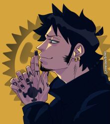 Rule 34 | 1boy, artist name, black hair, black nails, closed mouth, commentary, earrings, english commentary, facial hair, finger tattoo, from side, goatee, hand tattoo, highres, hoop earrings, jewelry, male focus, nail polish, one piece, short hair, smile, solo, tattoo, trafalgar law, waverobin