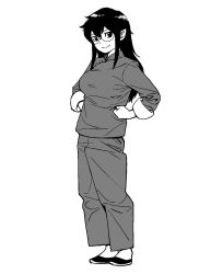 Rule 34 | 1girl, 3x3 eyes, breasts, closed mouth, full body, glasses, greyscale, hands on own hips, highres, lee ling ling, long hair, long sleeves, looking at viewer, medium breasts, monochrome, onsen tamago (hs egg), pants, pointy ears, round eyewear, shoes, sidelocks, simple background, smile, solo, standing, white background