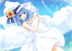 Rule 34 | 1girl, artist name, bare arms, binato lulu, blue eyes, blue hair, clothes lift, cloud, cloudy sky, commentary request, day, dress, dress lift, floating hair, flower, flower request, hair between eyes, hair down, hat, holding, holding flower, hololive, hoshimachi suisei, light particles, light rays, long hair, looking at viewer, ocean, open mouth, sidelocks, sky, sleeveless, sleeveless dress, solo, sun hat, sundress, sunflower, virtual youtuber, white dress